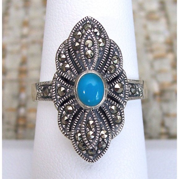 925 STERLING SILVER Simulated Turquoise Marcasite Ring - Picture 11 of 15